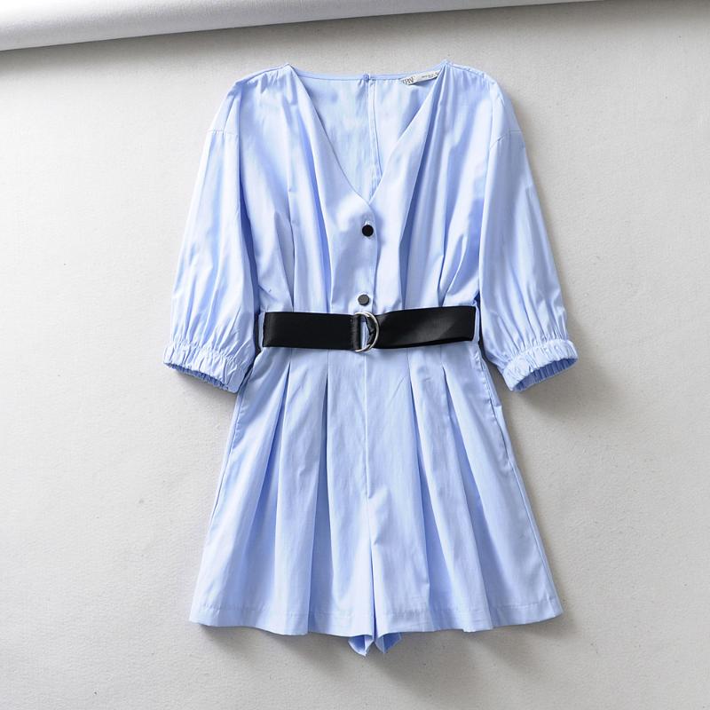 

BBWM WOMAN Elegant Women Blue Poplin Playsuits With Belt 2020 Sexy Ladies V-Neck Jumpsuits Casual Feminine Streetwear, As pic