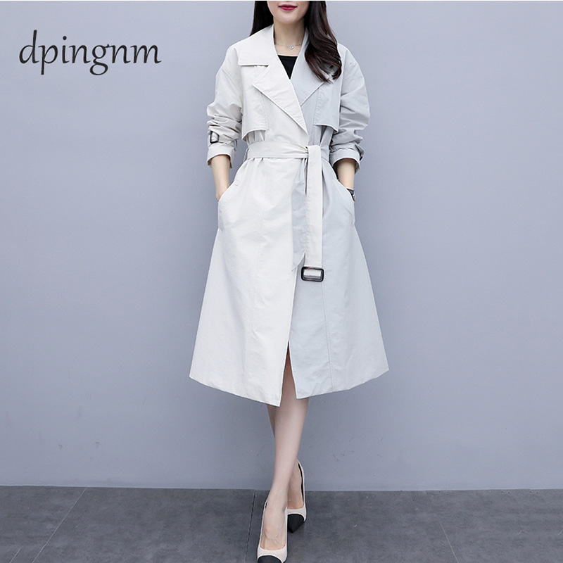 

2020 New Autumn Winter Lapel Long Sleeve Khaki Hit Color Stitcing Loose Sashes Windbreaker Women Fashion Tide JH638