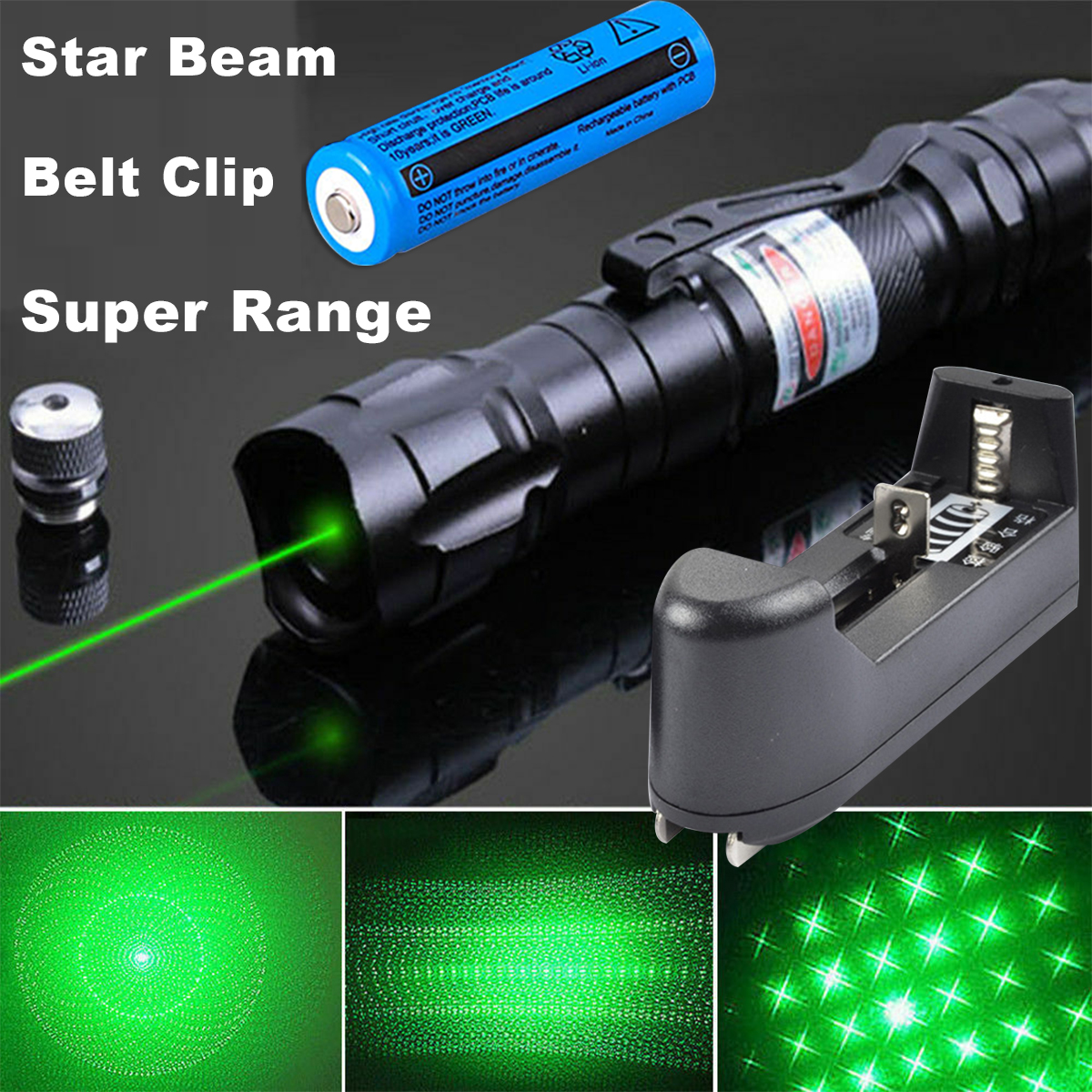 

Powerful 2in1 Green Laser Pen Pointer Star Cap 5mw 532nm Cat Toy Military 009 Green Laser Belt Clip+18650 Battery+Charger