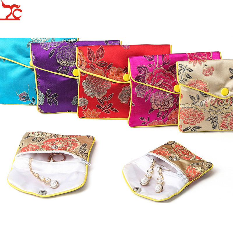 

Chinese Brocade Handmade Silk Embroidery Padded Zipper Small Jewelry Gift Storage Pouch Bag Snap Case Satin Coin Purse