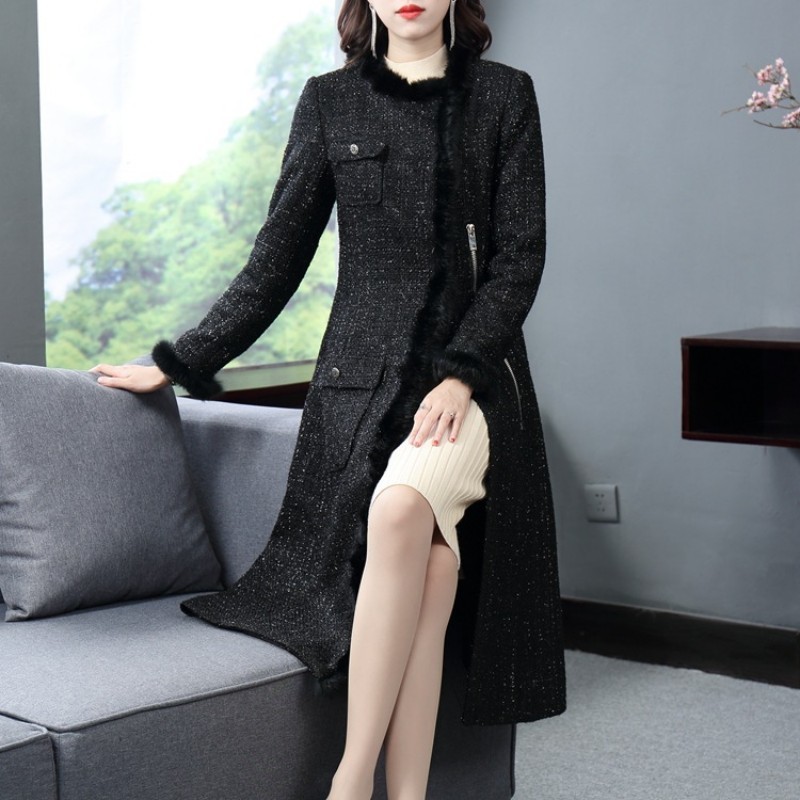 

England Style Women Tassel Long Sleeve Tweed Elegant Luxury Straight Slim Fit Covered Button Overcoat Black Trench Coat