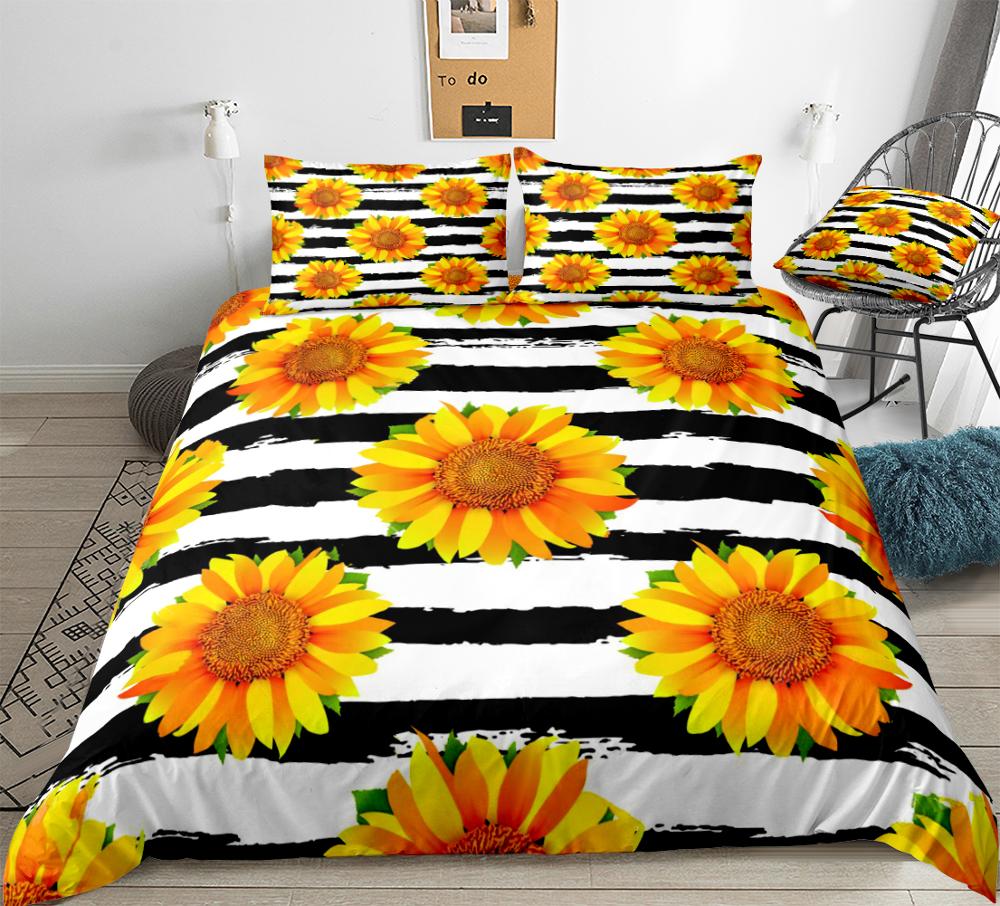 

3 Pieces Yellow Sunflowers Bedding Black White Stripe Duvet Cover Set Flower Quilt Cover Floral Queen Bed Set Yellow Dropship, 01