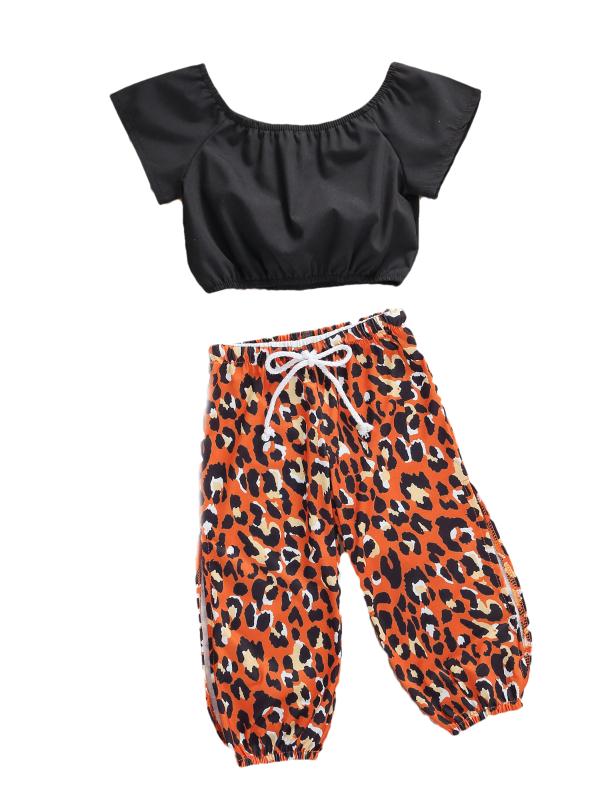 

1-6Y Fashion Toddler Baby Girls Clothes Sets 2pcs Short Sleeve Off Shoulder black T Shirts Tops Leopard Print Long Pants set