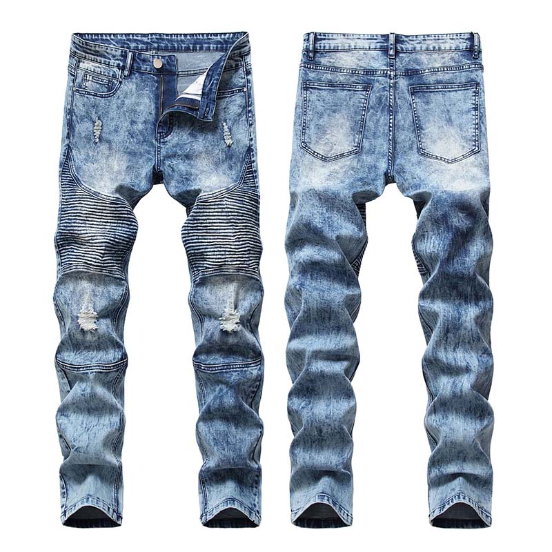 

KIOVNO Men Biker Pleated Denim Trousers Ripped Motorcycle Casual Jeans Pants For Male Size 28-40 Washed