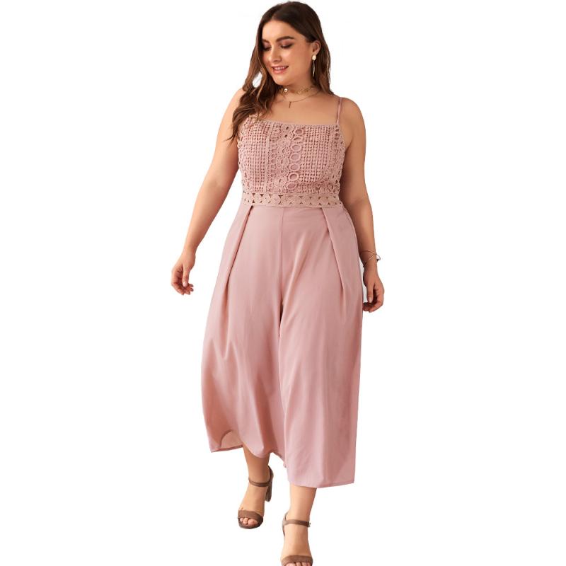 

Summer Plus Size 3XL 4XL Pink Strap Jumpsuits Women Loose Pants Backless Lace Patchwork Beach Sexy Off Shoulder Jumpsuits Ladies