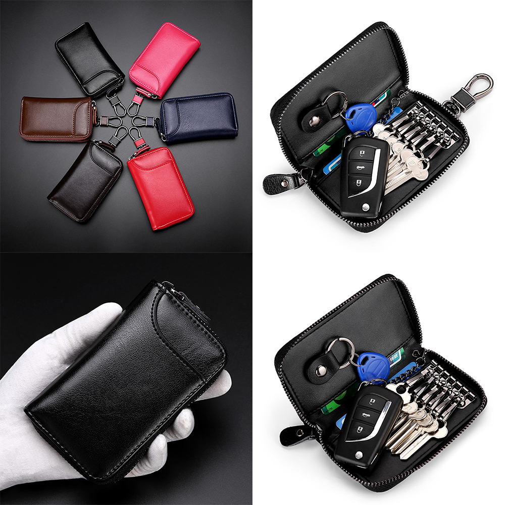 

Genuine Cow Leather Zipper Purses Keys Wallet Women Men Card Holder Interior Key Chain Holder Cowhide Waist Pack Bag Keychain Wallets, 6 colors for choice