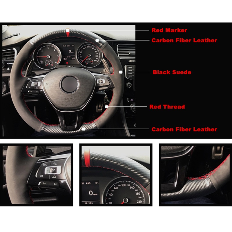 Car Steering Wheel Cover Carbon Fiber Leather Black Suede For