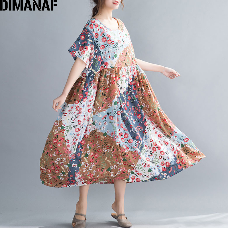 

DIMANAF Oversize Summer Women Dress Sundress Print Floral Beach Style Lady Vestidos Cotton Casual Loose Plus Size Clothing 2020, 8785