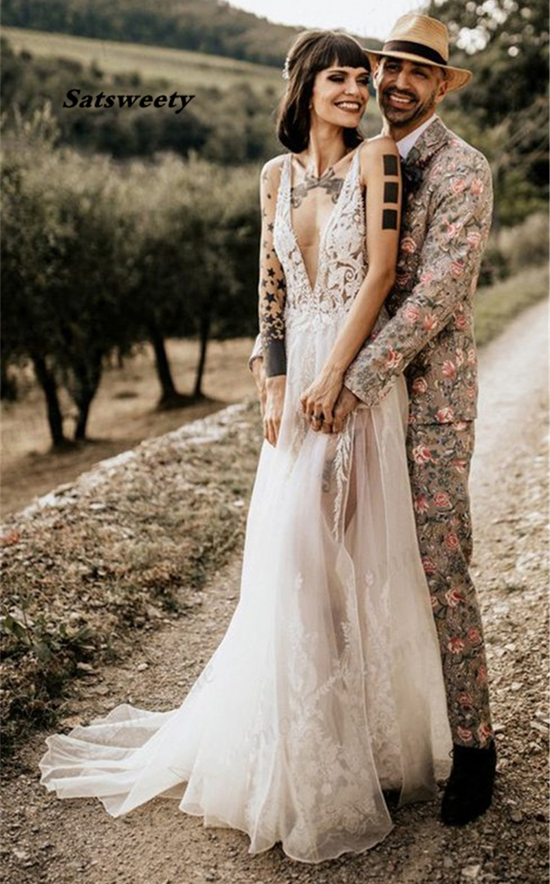 

Sexy Bridal Gowns V-neck Beach Wedding Dresses Soft Tulle Lace A-line Boho with Split Backless Bride Romantic, Blue