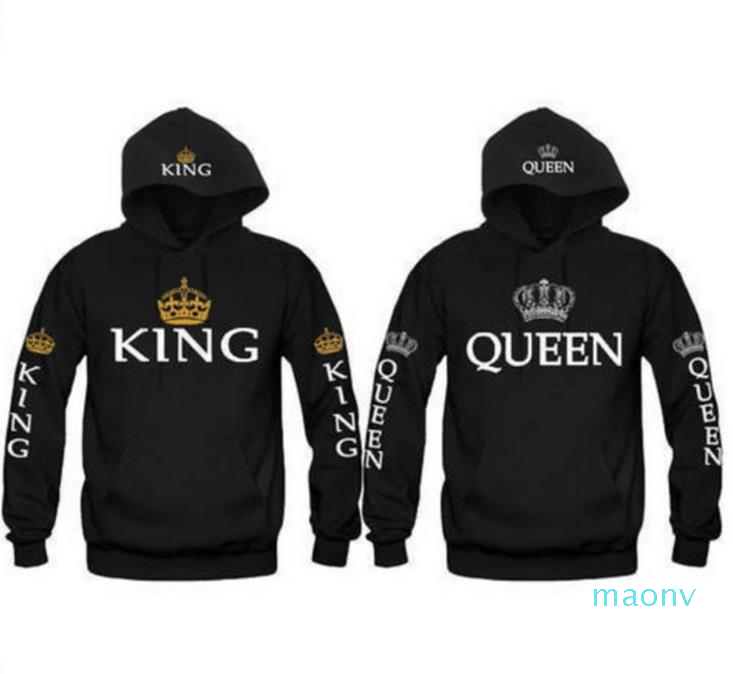 

King and Queen Couple Hoodies Long Sleeve Letters and Crown Pullover Raglan Sleeve Lovers Printed Hoodie Tracksuits Hooded Sweatshirts XM08, Colour 2