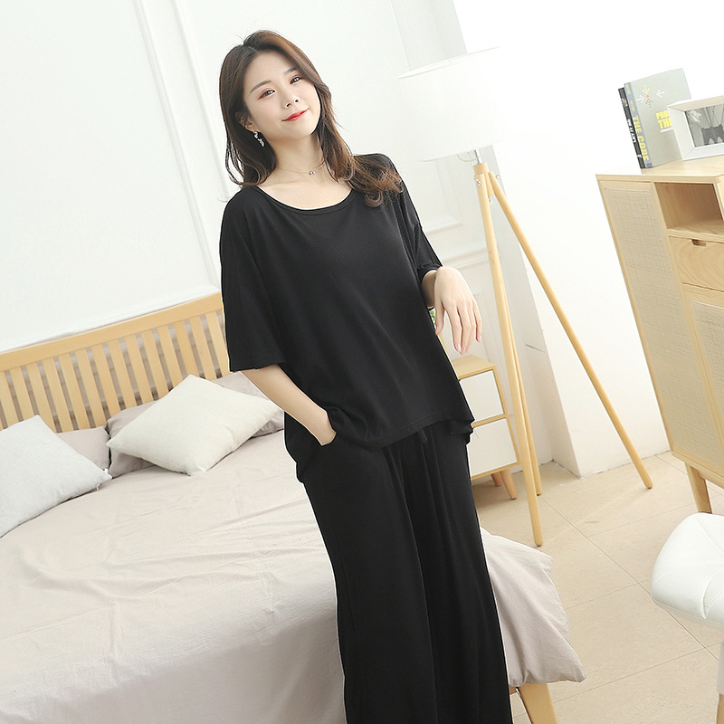 

Spring Plus Size Ladies Home Clothes Pajamas Thin Section Short-sleeved Cropped Pants Suit Round Neck Solid Color Pajama Set, Yellow