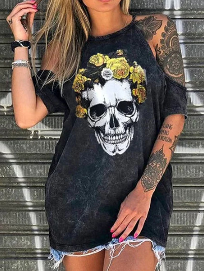 

Casual Plus Size 3XL T Shirts 2020 Women Loose Sexy Off Shoulder Skull Print Punk Style Tops Daily Casual Femme Tees Top Tshirt
