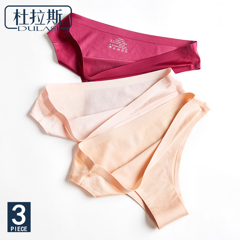 

Solid Color Sexy Ladies Ice Silk Thong Underwear Comfortable Not Tight Young Girl Sports Panties DULASI 3/lot, Coffee blue r red