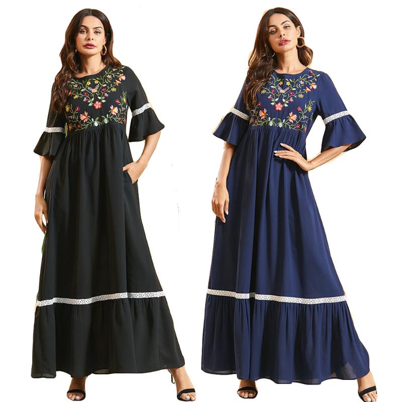 

Muslim Women Summer Dress Embroidery Draped Design Boho Short Sleeve Robe Arab Jilbab O-neck Lace Patchwork Vintage Gown Fashion