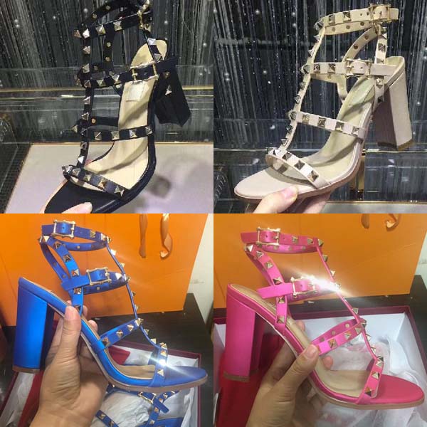 

New 2019 high quality European style brand shoes imported leather female sandalsdesigner has tag female slippers women's fashion high heels, Blue