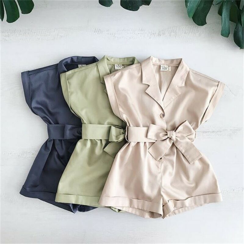 Children Overall Toddler Kid Baby Girl V-neck Collared Shirt Romper Jumpsuit Cotton Short Sleeve Solid Button Bow Free Shipping-image-515557123