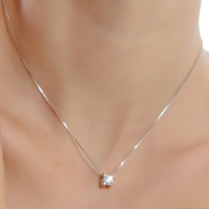 

Shiny Crystal Pendant Necklace For Women With 45cm Box Chain Luxurious Big Cubic Zirconia Necklace Female Square Stone S200, Silver
