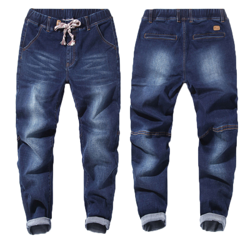 

QMGOOD Big Size Jeans Men Loose Large Size Japanese Elastic Waist Drawstring Jeans 2020 Autumn New Trend Men's Stretch Men, Black