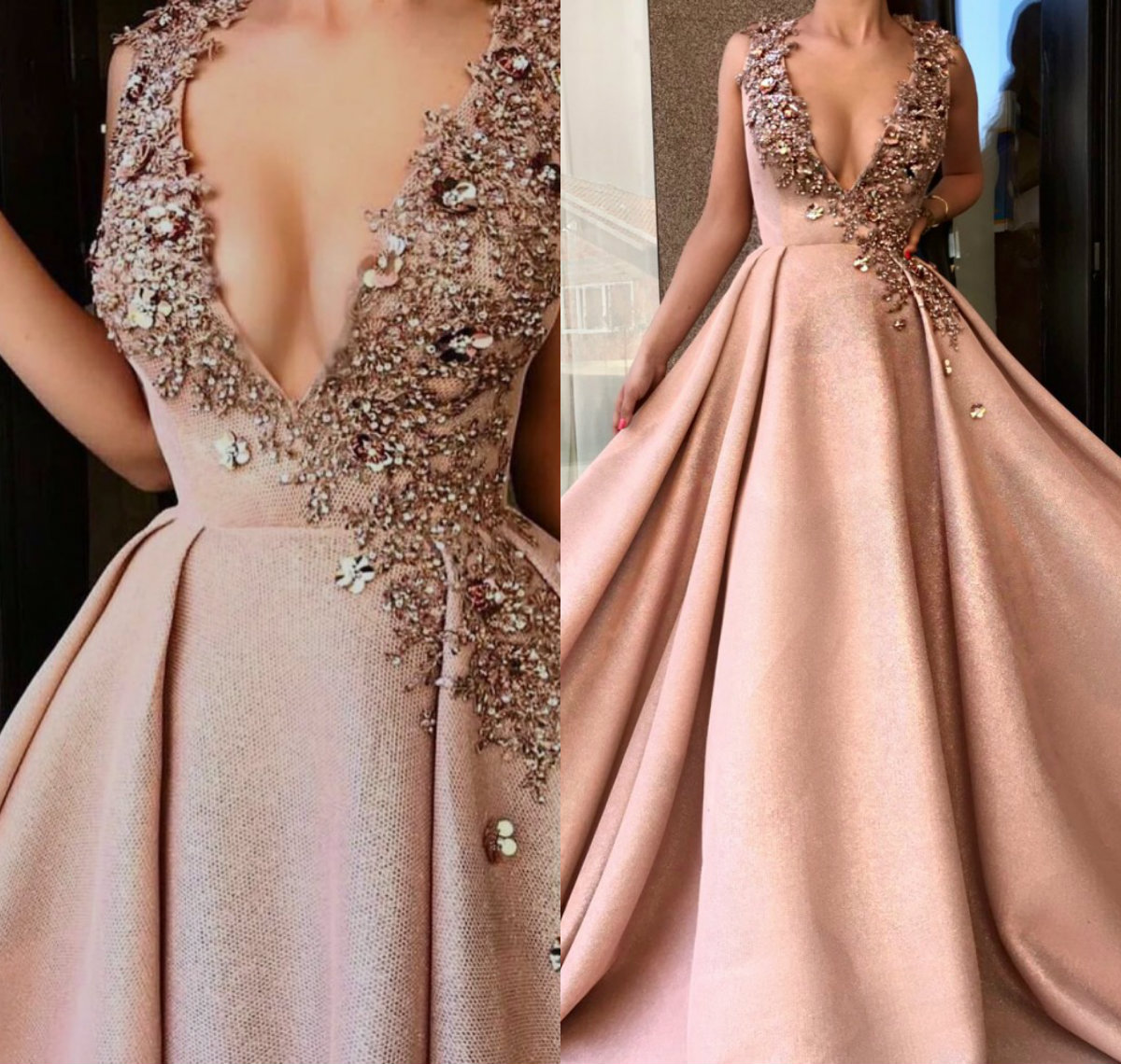 

Modest A Line Black Evening Prom Dress V Neck Sleeveless Satin Applique Crystal Party Dress Sweep Train Ruched robes de soirée, Champagne