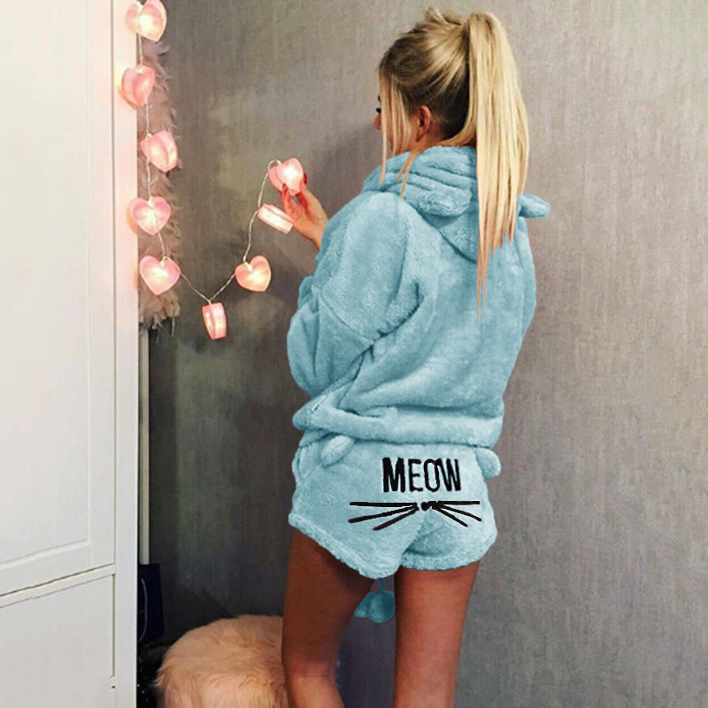 

Women Coral Velvet Pajamas Set Autumn Winter Warm Pajamas Two Piece Set Pants Sleepwear Cute Cat Meow Pattern Hoodies Shorts 5XL, Gray