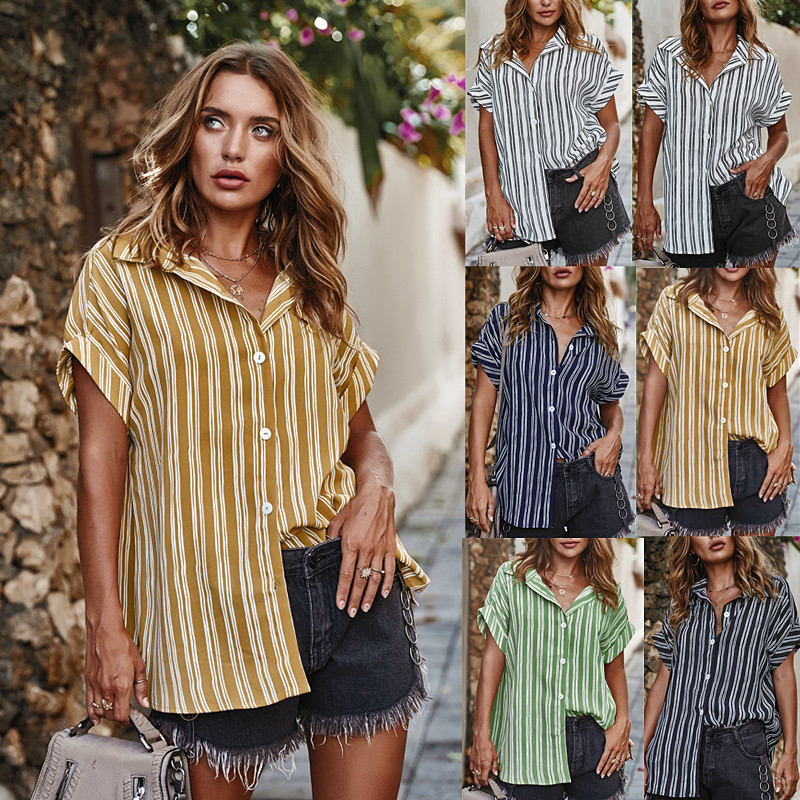 

2020 Summer Women Short Sleeve Striped Long Chiffon Shirt Ladies Casual Turn-down Collar Button Loose Cardigan Tops and Blouse, Black