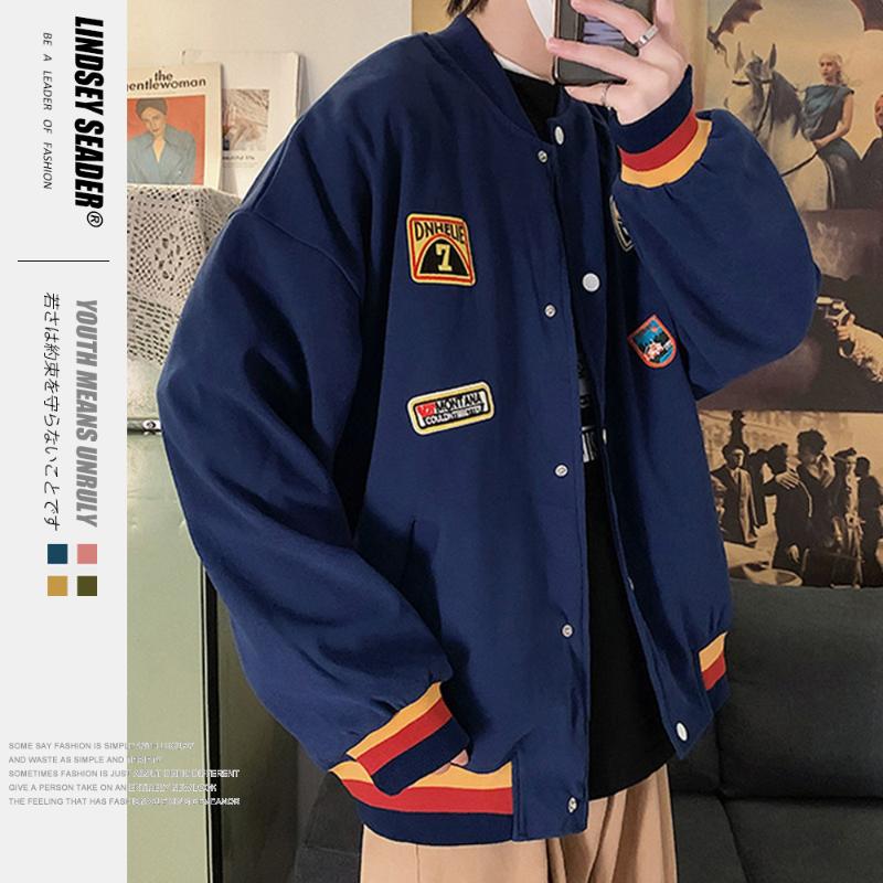 

Lindsey Seader 2020 Streetwear Hiphop Bomber Baseball Jacket Men Cartoon Embroidery Buttons Coat Harajuku Pocket Track Jacket, Blue