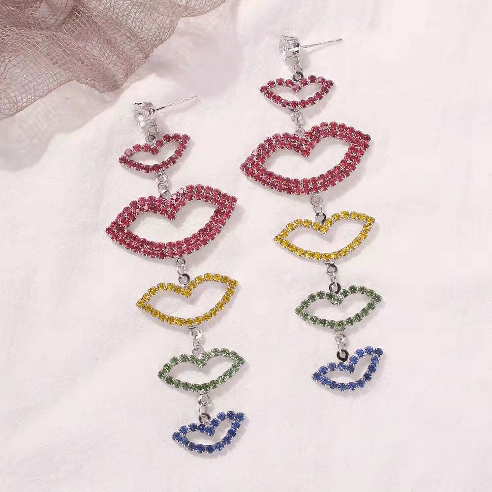 

Wholesale- lips dangle earrings for women luxury designer bling diamond lip pendant earrings love brithday gifts for gf free shipping