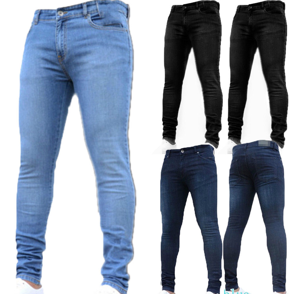 

Basic Style Mens Stretchy Ripped Skinny Biker Jeans Taped Slim Plain Color Denim Pants Regular Denim Jeans, Black