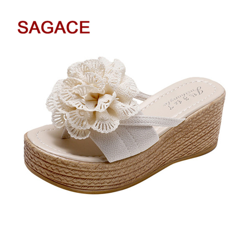 

SAGACE Slipper Shoes Fashion Women Summer Flower Platform Wedges Slipper Casual Beach Round Toe Shoes New Travel, Beige