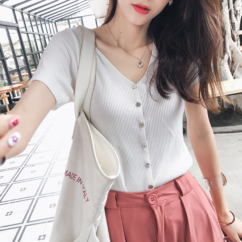 

Mishow Women Tops Summer New Fashion Knitted casual tee Slim Single Breasted short Sleeve solid V Neck T-shirt MX19B5228, White