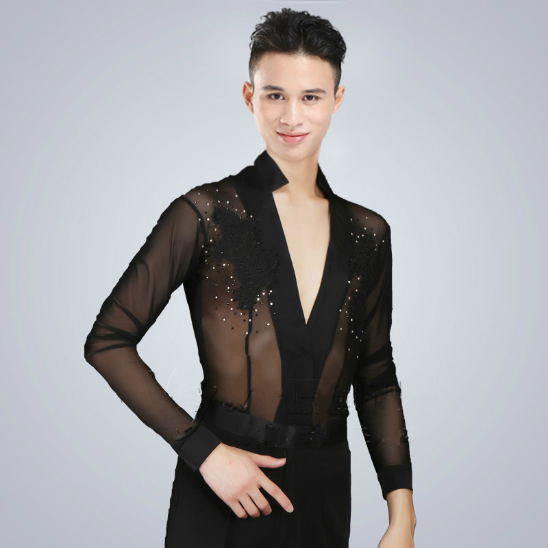 

Sparkly Rhinestone Mesh See Through Latin Dance Tops Men Embroidery Black V-neck Dance Shirts Male Ballroom Latin Clothes, As pic