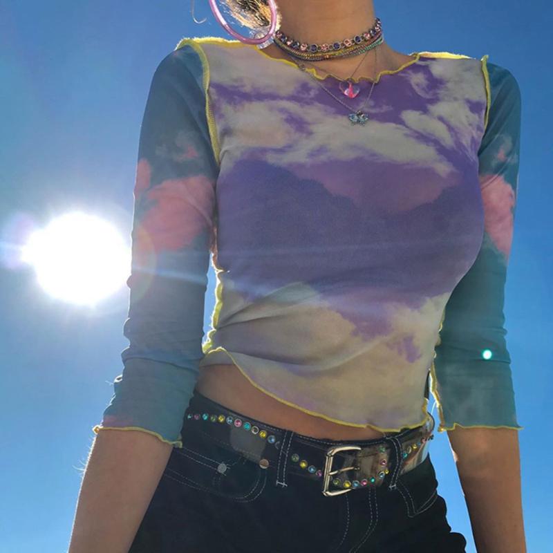 

Blue sky cloud print mesh tshirt women crop top transparent casual summer t-shirt 2019 patchwork sexy tee shirt femme Camiseta, As pic