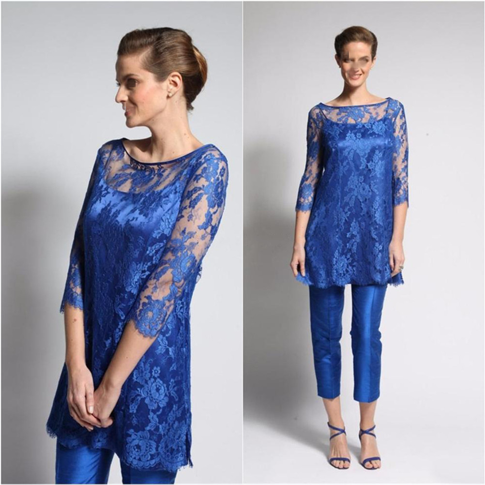 Royal Blue Mother Of The Bride Pant Suits Lace Long Sleeves Mother Wedding Gowns Three Pieces Plus Size Wedding Guest Pant Suit