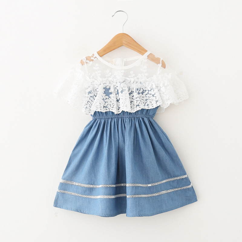 

New 2020 Girls Clothing Summer Dress Embroidered Lace-edged Lapel Waist Dress Denim Blue Princess Kids Clothes, Photo color