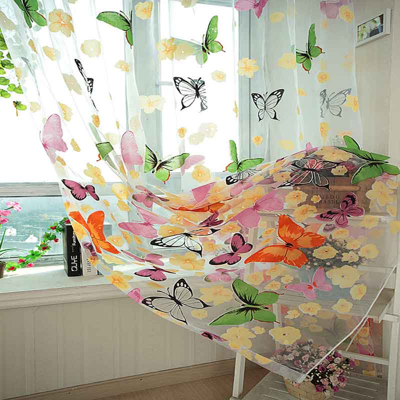 

1pcs Butterfly Printed Cortinas Decorative Window Screening Burnout Tulle Curtains for Living Room bedroom Balcony Voile Sheer, Yellow