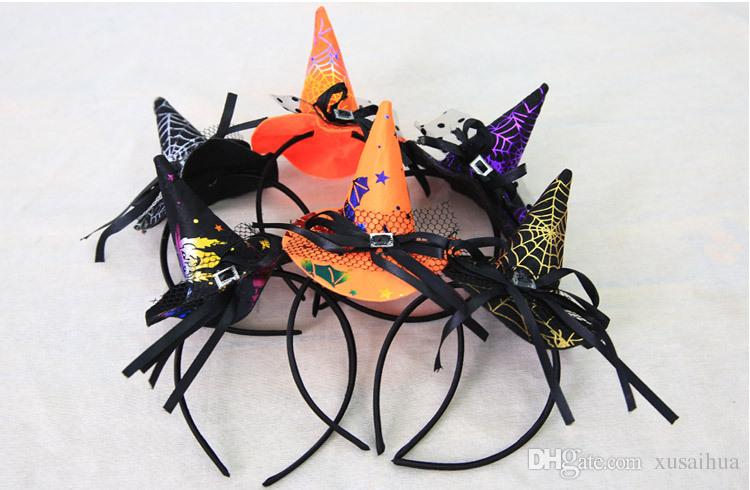 

6 Styles Cute Halloween Ghost Festival Party Show Decoration Witch Hat Girl Headband with Lace Gilding Spider Web, Multi-color