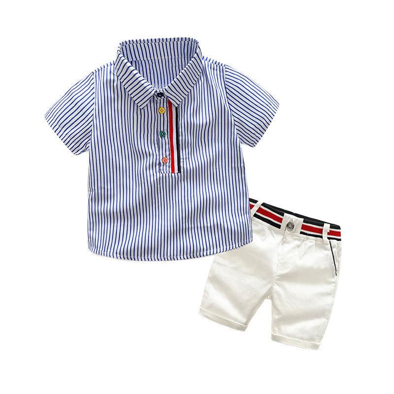 

2020 New Boys Clothes Set Striped Shirt Shorts Set Of 2 Fashion Short-sleeved Tops Pants 2-piece Set For Children 2-6 Years Boy, Blue