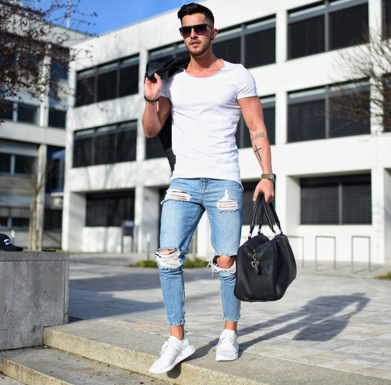 

E-BAIHUI Summer Thin And Light Fashion Streetwear Mens Jeans Destroyed Ripped Design Fashion Pencil Pants Ankle Skinny Men Jeans NK1090