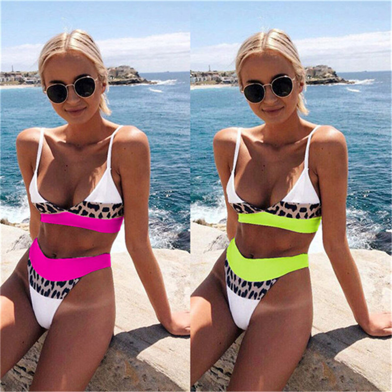 

Leopard Panelled Designer Swimsuits Women Sexy Slim 2 Piece Bikinis Sling Sleeveless Pullover Vest Suits Summer Fashion Women Swimwear, Green