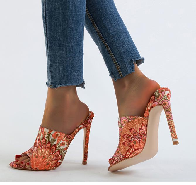 

Plus Size 35 To 42 New Orange Floral Printed Phoenix Slip On High Heels Mules Designer Sandals Shoes, Orange come with box
