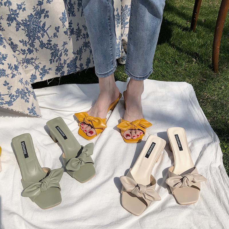 

2020 summer new gentle fairy wind bow high-heeled slippers with the Korean version of wild sandals and slippers, Peacock green