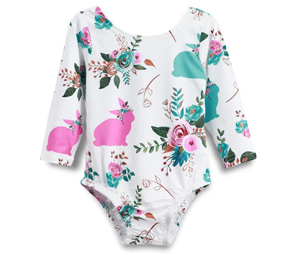 

Girl Rabbit Floral Print Long Sleeve White Romper Baby Infant Jumpsuit Kids Clothes One Piece Bodysuit ZHT 160, As picture