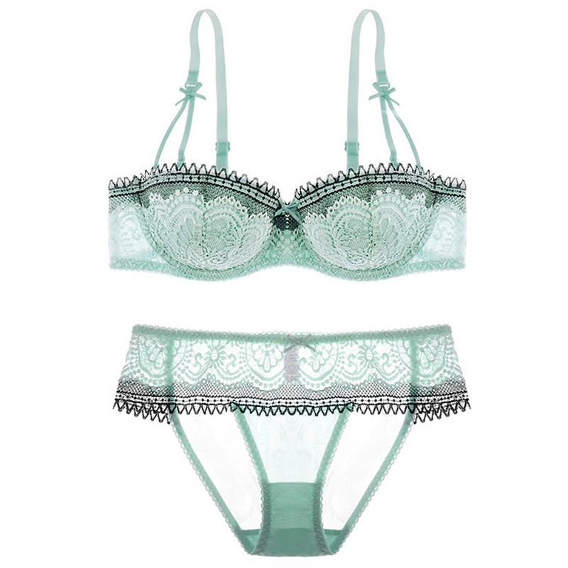 

Vgplay 1/2 Cup Fashion Mint Green Women Bra Set Thin Cup Bow Hollow Floral Underwear And Panty Push Up Plunge Lingerie, Black