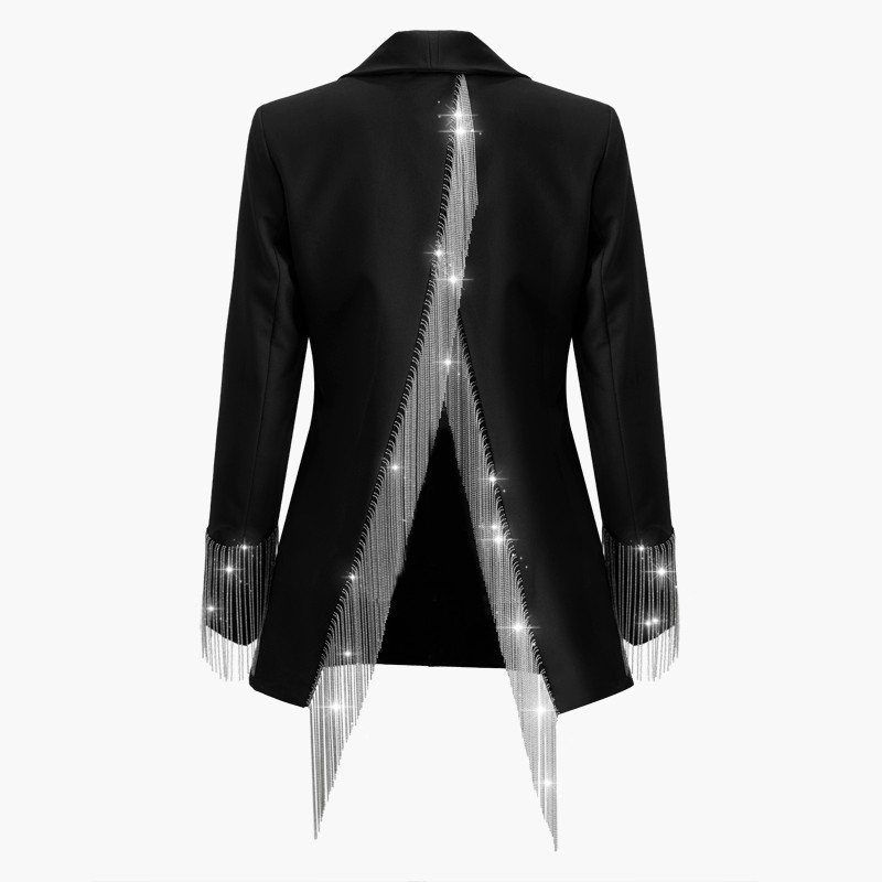 

Heavy Chains Tassel Coats Female Long Sleeve Single Button Backless Irregular Overcoat 2019 Spring, Black