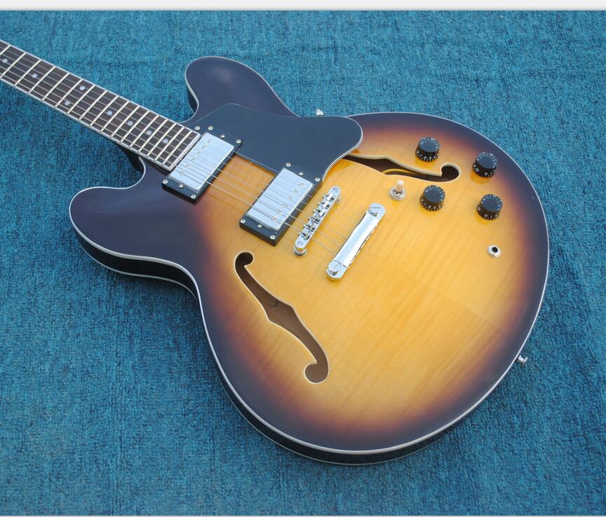 

Custom Shop 50th Anniversary 335 Vintage Sunburst CS Semi Hollow Body Jazz Electric Guitar Flame Maple Back, Dot Inlays, Chrome Hardware