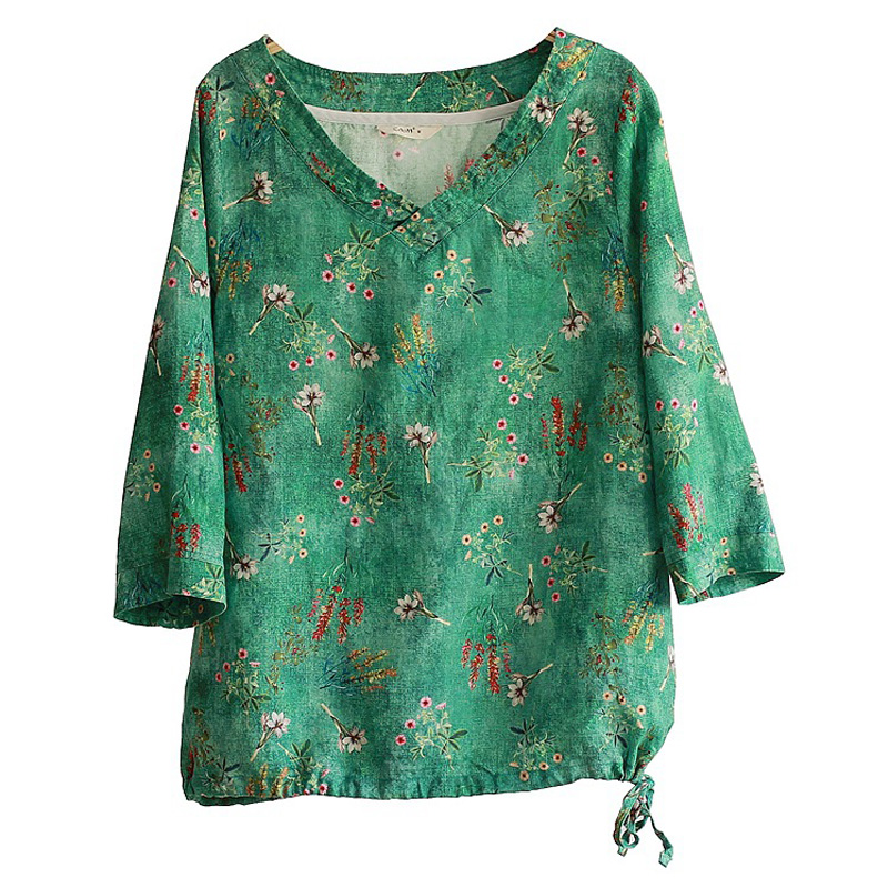 

Women Print Floral T-Shirts V-Neck Half Sleeve 2020 Summer New Vintage Loose Female Clothing Original Casual T-Shirts, Green ramie