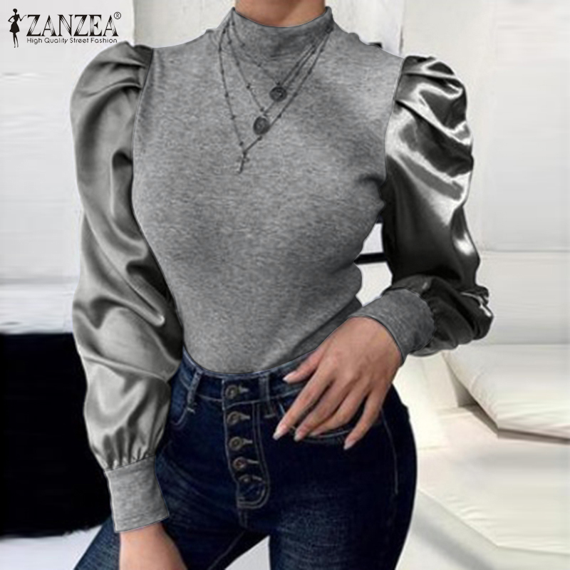 

5XL 2020 Spring Long Puff Sleeve Blouse Fashion Solid Patchwork Shirt ZANZEA Women Turtleneck Party Blusas Tunic Tops Chemise, Black