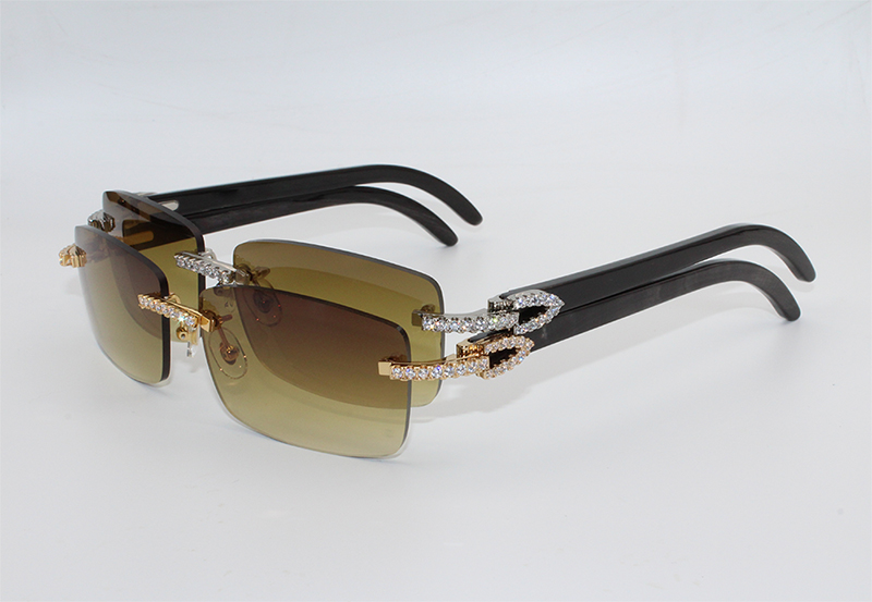 

2021 Luxury Sunglasses Brand Designer Large Diamond Buffalo Horn Sun Glasses Men/Women Brown Rimless Black Case Box