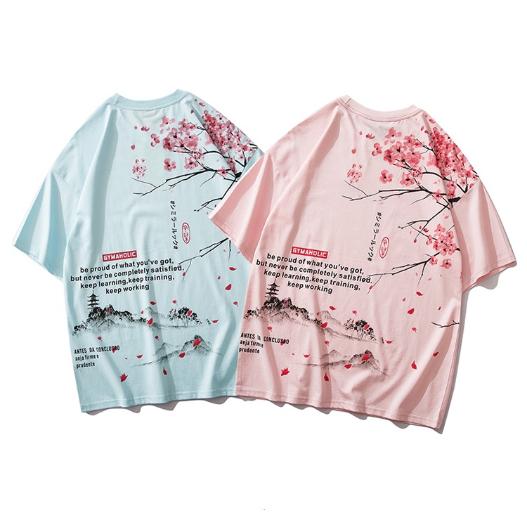 

Mens Japanese Style Cherry T-Shirt Streetwear Short Sleeve Tees Cotton Pink Tees Male Harajuku Hip Hop Oversized Tops, Blue
