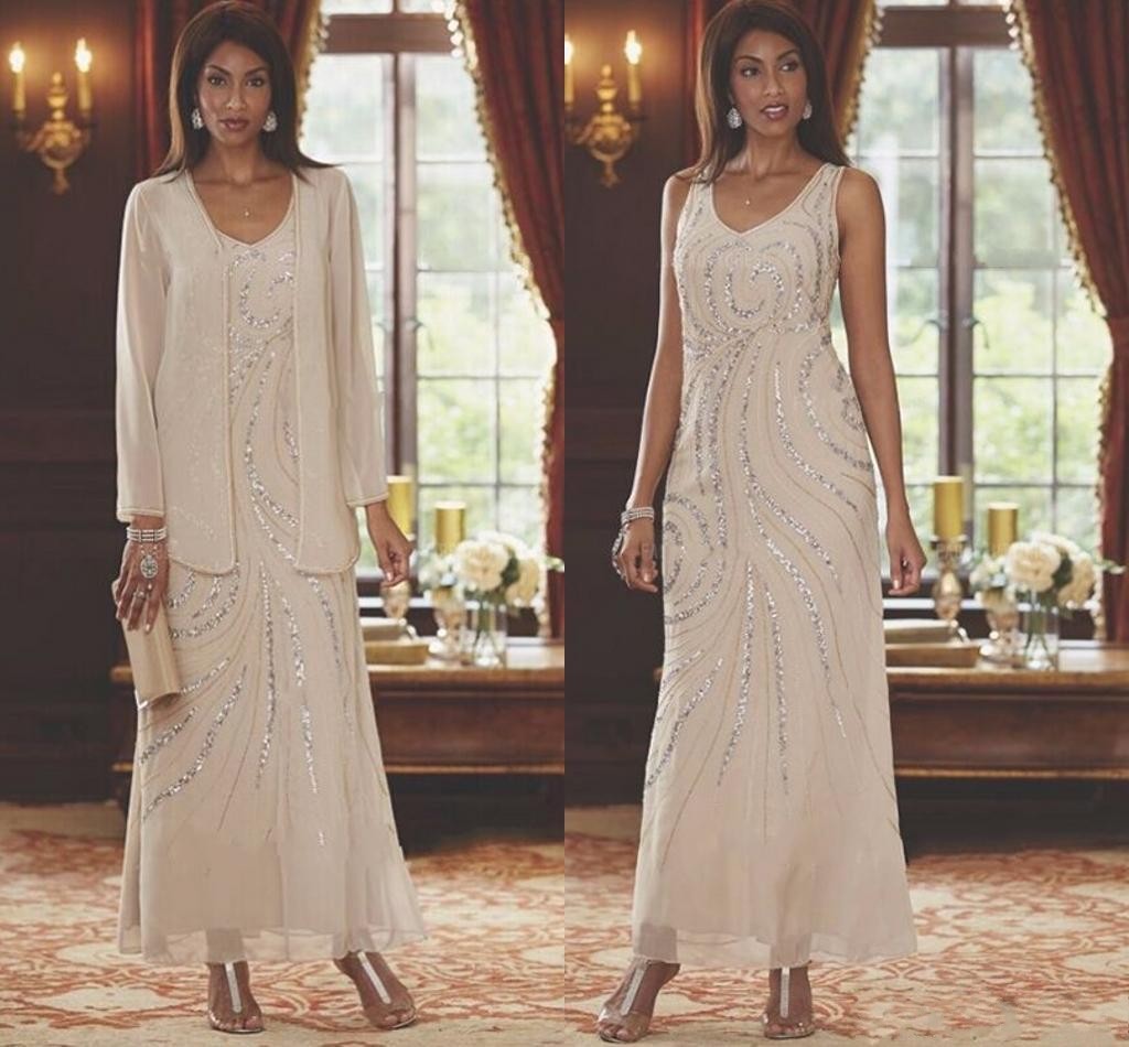

2020 Elegant Ankle Length Mother Of The Bride Dresses With Jacket Sequins Beaded Long Plus Size Mothers Wedding Guest Dress